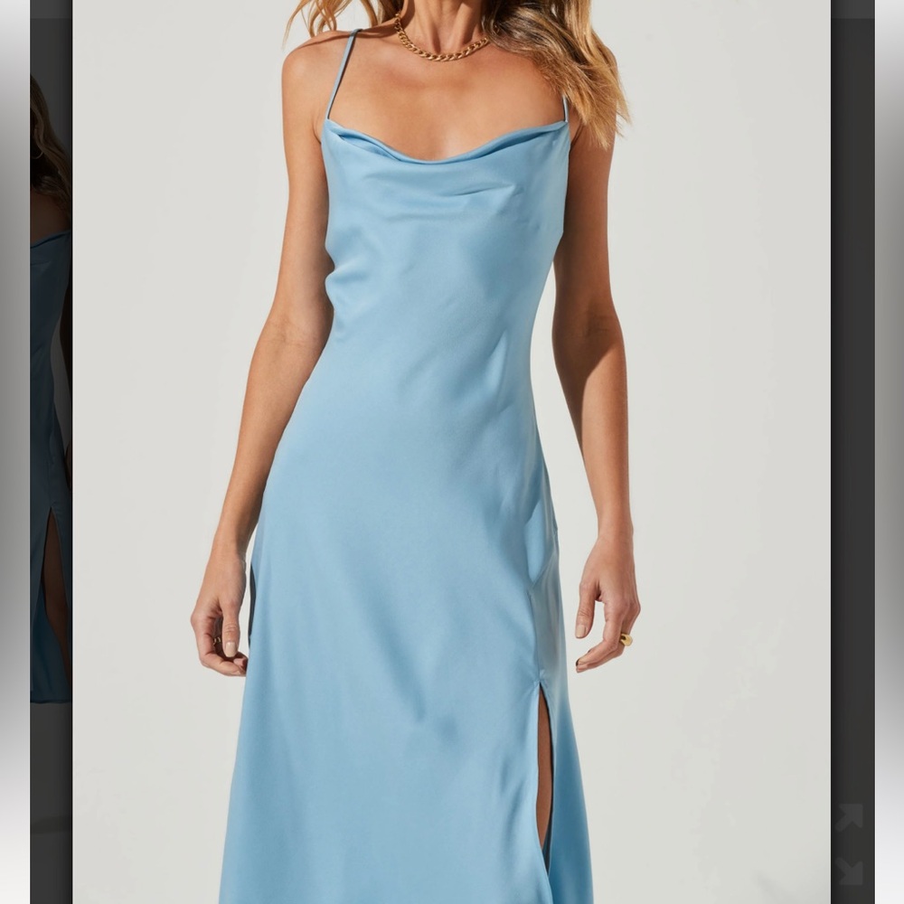ASTR Sky Blue Gaia Midi Dress with slit and Cowl